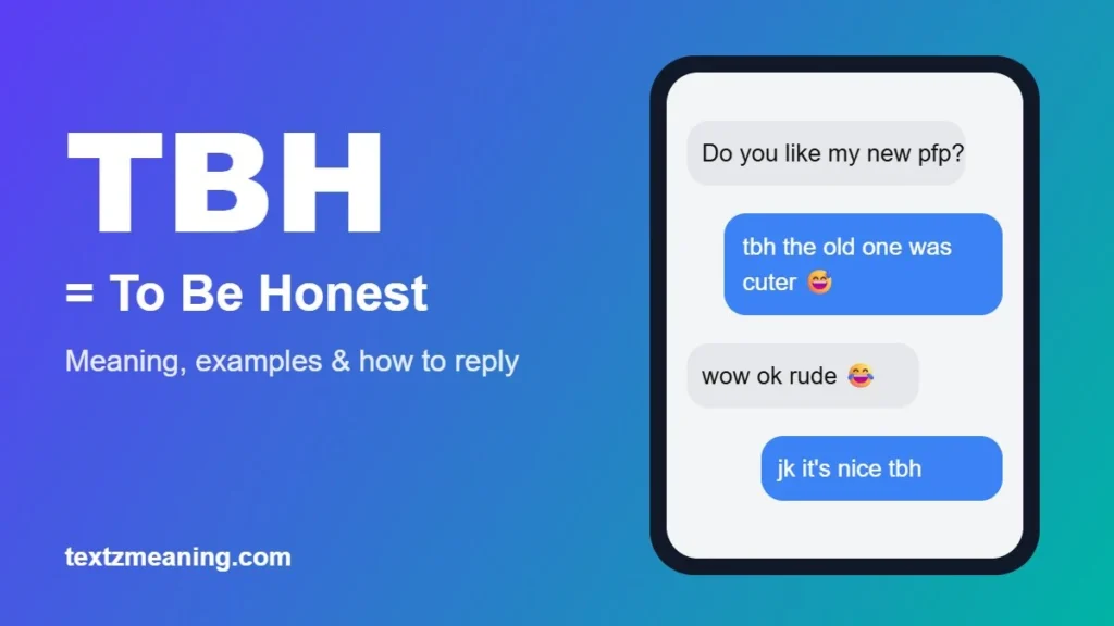 TBH meaning in text: To Be Honest, shown in a chat example